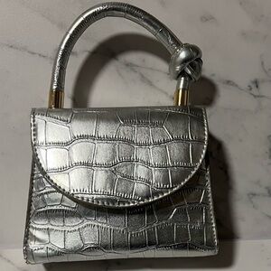 Silver Crocodile-Embossed Mini Handbag with Chain Strap